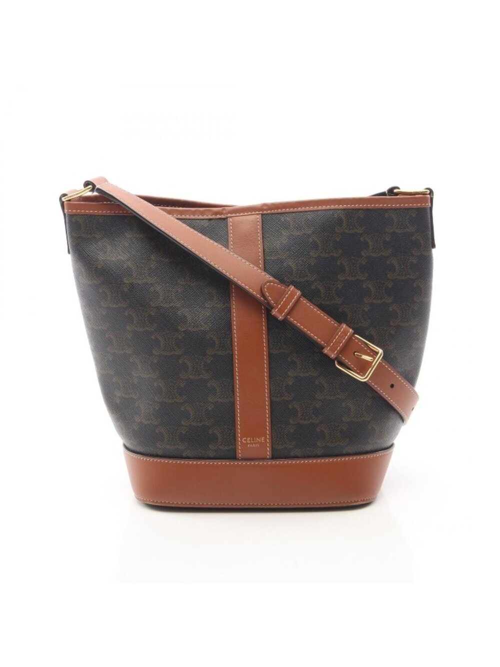 Celine Shoulder Bag Small Bucket Triomphe Black Brown Canvas Leather